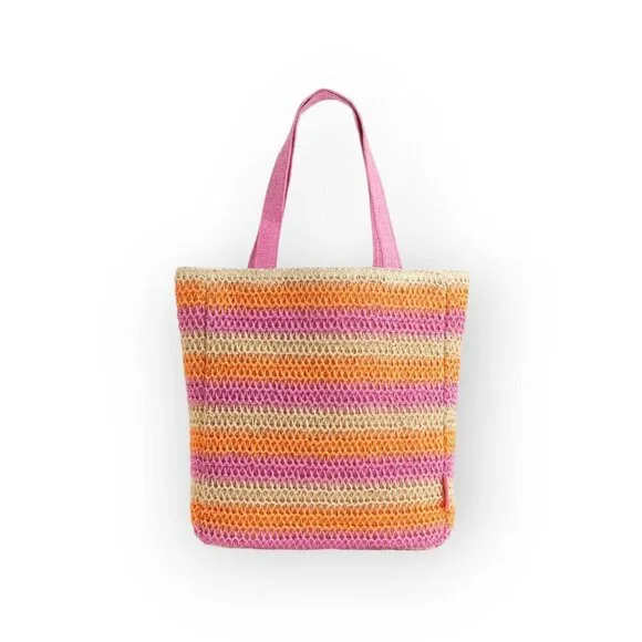 H&M Straw Crochet Oversized Beach Bag Pink Orange Tote NWT Summer Vacation - Picture 2 of 10